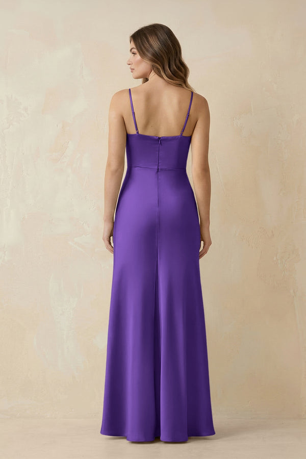 Spaghetti Strap Sheath Satin Bridesmaid Dress With Slit in Tahiti - KissProm Bridesmaid Dresses
