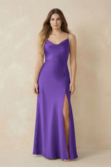 Spaghetti Strap Sheath Satin Bridesmaid Dress With Slit in Tahiti - KissProm Bridesmaid Dresses