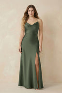 Spaghetti Strap Sheath Satin Bridesmaid Dress With Slit in Thyme - KissProm Bridesmaid Dresses