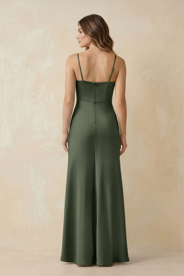 Spaghetti Strap Sheath Satin Bridesmaid Dress With Slit in Thyme - KissProm Bridesmaid Dresses