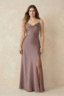 Spaghetti Strap Sheath Satin Bridesmaid Dress With Slit in Toffee - KissProm Bridesmaid Dresses
