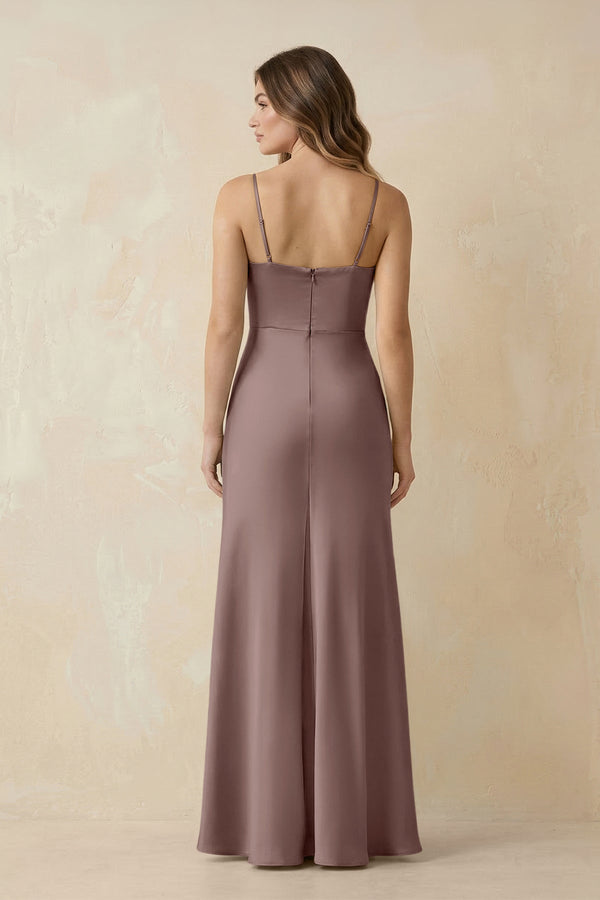 Spaghetti Strap Sheath Satin Bridesmaid Dress With Slit in Toffee - KissProm Bridesmaid Dresses