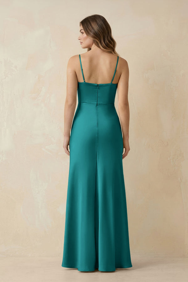 Spaghetti Strap Sheath Satin Bridesmaid Dress With Slit in Turquoise - KissProm Bridesmaid Dresses
