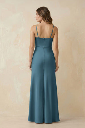 Spaghetti Strap Sheath Satin Bridesmaid Dress With Slit in Twilight - KissProm Bridesmaid Dresses