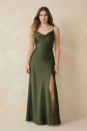 Spaghetti Strap Sheath Satin Bridesmaid Dress With Slit in Willow Green - KissProm Bridesmaid Dresses