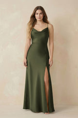 Spaghetti Strap Sheath Satin Bridesmaid Dress With Slit in Willow Green - KissProm Bridesmaid Dresses