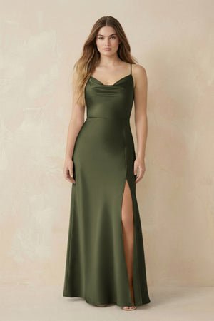 Spaghetti Strap Sheath Satin Bridesmaid Dress With Slit in Willow Green - KissProm Bridesmaid Dresses