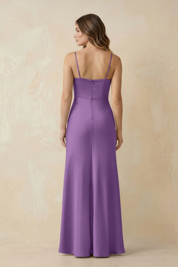 Spaghetti Strap Sheath Satin Bridesmaid Dress With Slit in Wisteria - KissProm Bridesmaid Dresses