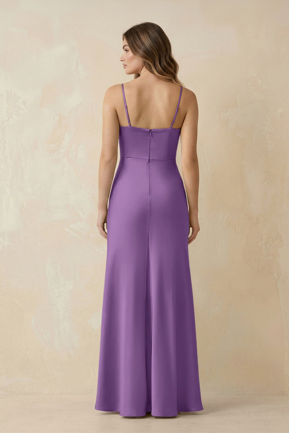 Spaghetti Strap Sheath Satin Bridesmaid Dress With Slit in Wisteria - KissProm Bridesmaid Dresses