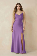 Spaghetti Strap Sheath Satin Bridesmaid Dress With Slit in Wisteria - KissProm Bridesmaid Dresses