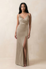 Spaghetti Strap Sheath Satin Ruched Bridesmaid Dress in Almond - KissProm Bridesmaid Dresses