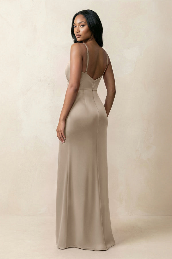 Spaghetti Strap Sheath Satin Ruched Bridesmaid Dress in Almond - KissProm Bridesmaid Dresses