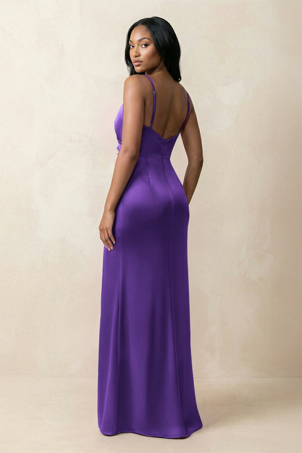Spaghetti Strap Sheath Satin Ruched Bridesmaid Dress in Amethyst - KissProm Bridesmaid Dresses