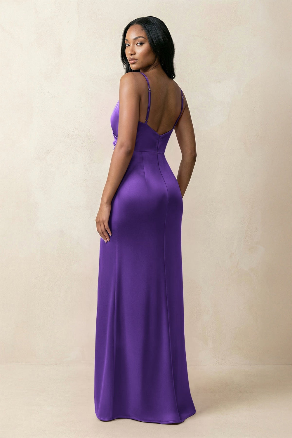 Spaghetti Strap Sheath Satin Ruched Bridesmaid Dress in Amethyst - KissProm Bridesmaid Dresses