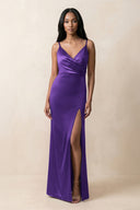 Spaghetti Strap Sheath Satin Ruched Bridesmaid Dress in Amethyst - KissProm Bridesmaid Dresses