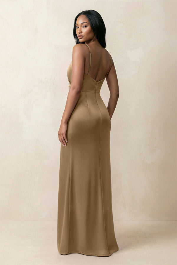 Spaghetti Strap Sheath Satin Ruched Bridesmaid Dress in Apple Cinnamon - KissProm Bridesmaid Dresses