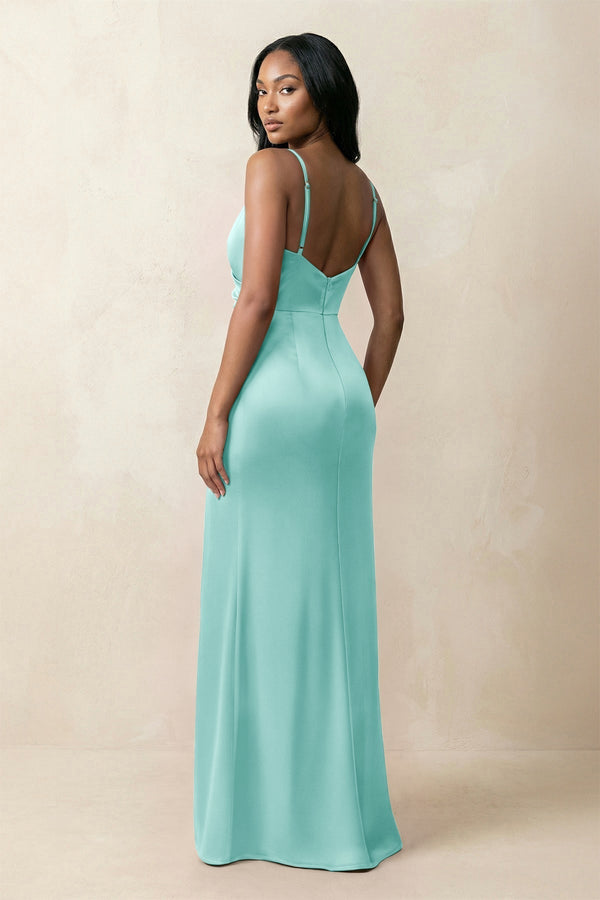 Spaghetti Strap Sheath Satin Ruched Bridesmaid Dress in Aqua - KissProm Bridesmaid Dresses