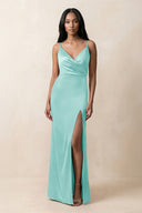 Spaghetti Strap Sheath Satin Ruched Bridesmaid Dress in Aqua - KissProm Bridesmaid Dresses