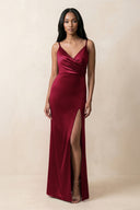 Spaghetti Strap Sheath Satin Ruched Bridesmaid Dress in Berry - KissProm Bridesmaid Dresses