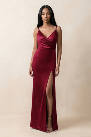Spaghetti Strap Sheath Satin Ruched Bridesmaid Dress in Berry - KissProm Bridesmaid Dresses