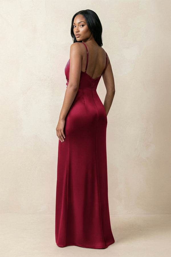 Spaghetti Strap Sheath Satin Ruched Bridesmaid Dress in Berry - KissProm Bridesmaid Dresses