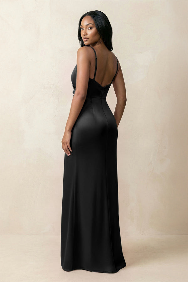Spaghetti Strap Sheath Satin Ruched Bridesmaid Dress in Black - KissProm Bridesmaid Dresses
