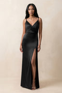 Spaghetti Strap Sheath Satin Ruched Bridesmaid Dress in Black - KissProm Bridesmaid Dresses