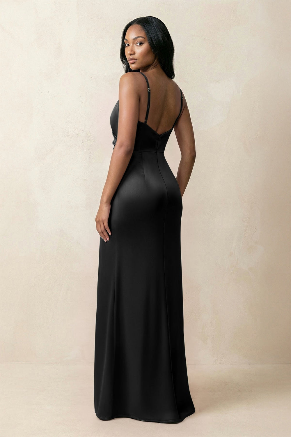 Spaghetti Strap Sheath Satin Ruched Bridesmaid Dress in Black - KissProm Bridesmaid Dresses