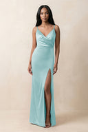 Spaghetti Strap Sheath Satin Ruched Bridesmaid Dress in Bleached Aqua - KissProm Bridesmaid Dresses
