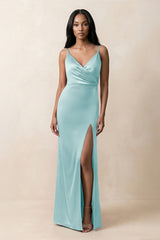 Spaghetti Strap Sheath Satin Ruched Bridesmaid Dress in Bleached Aqua - KissProm Bridesmaid Dresses