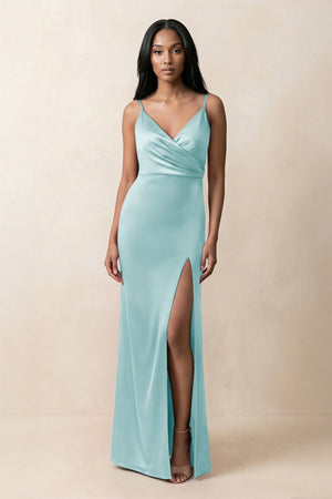 Spaghetti Strap Sheath Satin Ruched Bridesmaid Dress in Bleached Aqua - KissProm Bridesmaid Dresses