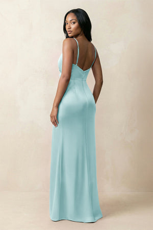 Spaghetti Strap Sheath Satin Ruched Bridesmaid Dress in Bleached Aqua - KissProm Bridesmaid Dresses