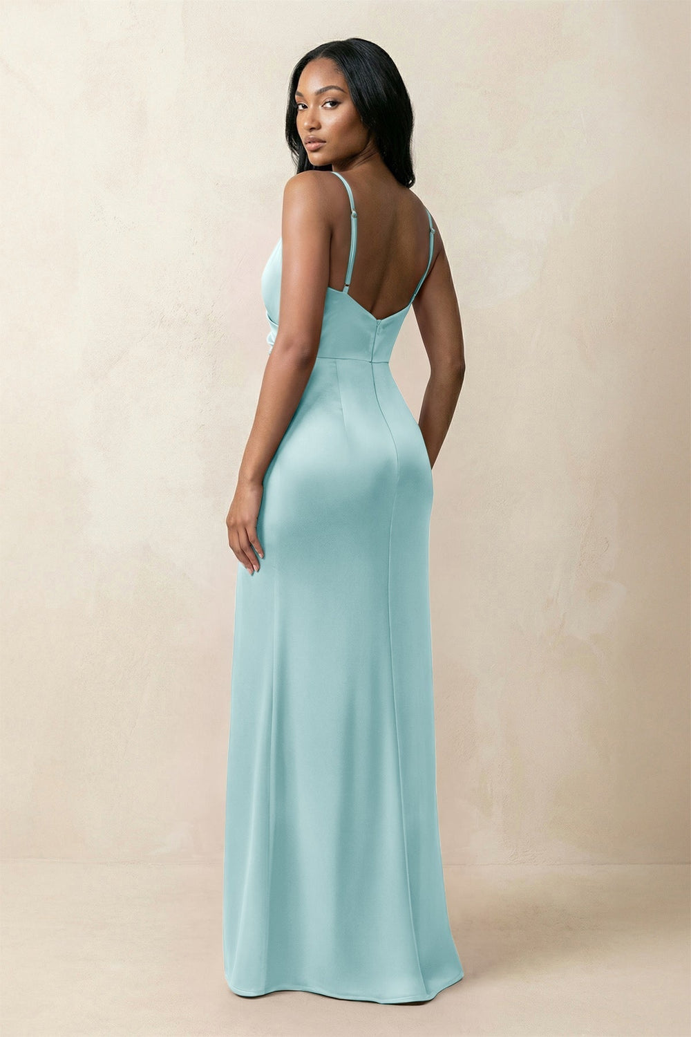 Spaghetti Strap Sheath Satin Ruched Bridesmaid Dress in Bleached Aqua - KissProm Bridesmaid Dresses