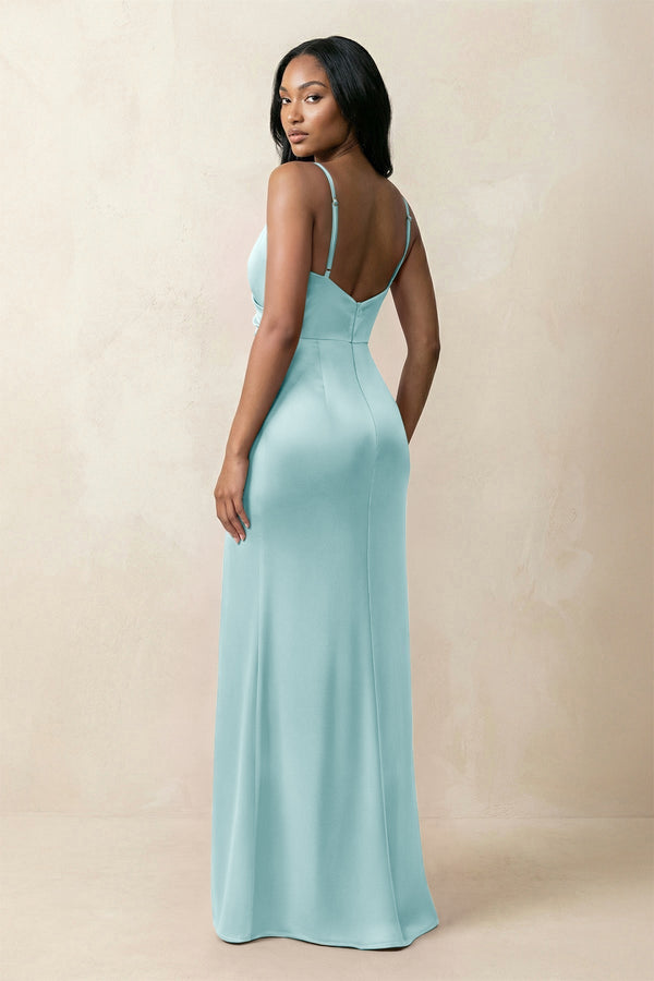 Spaghetti Strap Sheath Satin Ruched Bridesmaid Dress in Bleached Aqua - KissProm Bridesmaid Dresses