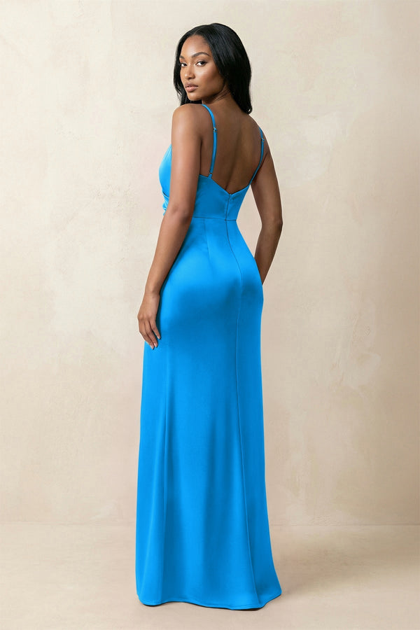 Spaghetti Strap Sheath Satin Ruched Bridesmaid Dress in Blue Jay - KissProm Bridesmaid Dresses