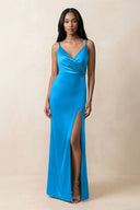 Spaghetti Strap Sheath Satin Ruched Bridesmaid Dress in Blue Jay - KissProm Bridesmaid Dresses