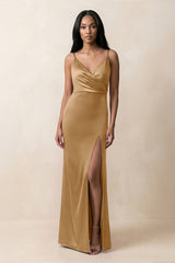 Spaghetti Strap Sheath Satin Ruched Bridesmaid Dress in Bronzer - KissProm Bridesmaid Dresses