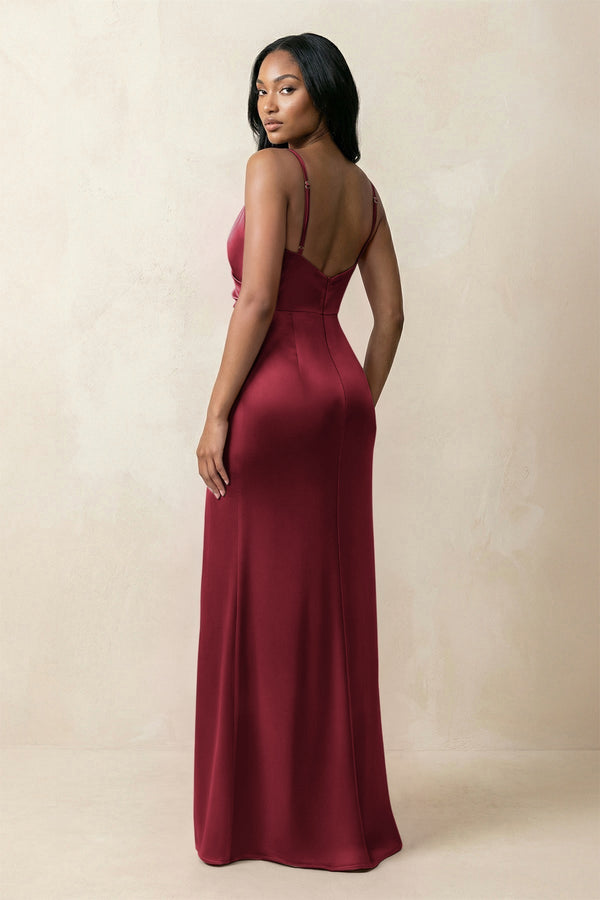 Spaghetti Strap Sheath Satin Ruched Bridesmaid Dress in Burgundy - KissProm Bridesmaid Dresses