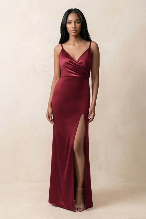 Spaghetti Strap Sheath Satin Ruched Bridesmaid Dress in Burgundy - KissProm Bridesmaid Dresses