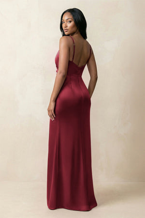 Spaghetti Strap Sheath Satin Ruched Bridesmaid Dress in Burgundy - KissProm Bridesmaid Dresses