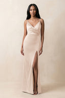Spaghetti Strap Sheath Satin Ruched Bridesmaid Dress in Buttercream - KissProm Bridesmaid Dresses