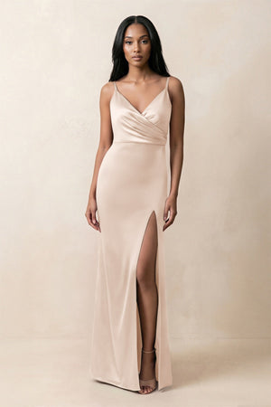 Spaghetti Strap Sheath Satin Ruched Bridesmaid Dress in Buttercream - KissProm Bridesmaid Dresses