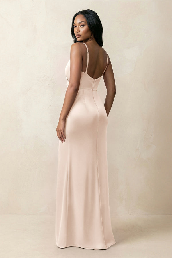 Spaghetti Strap Sheath Satin Ruched Bridesmaid Dress in Buttercream - KissProm Bridesmaid Dresses