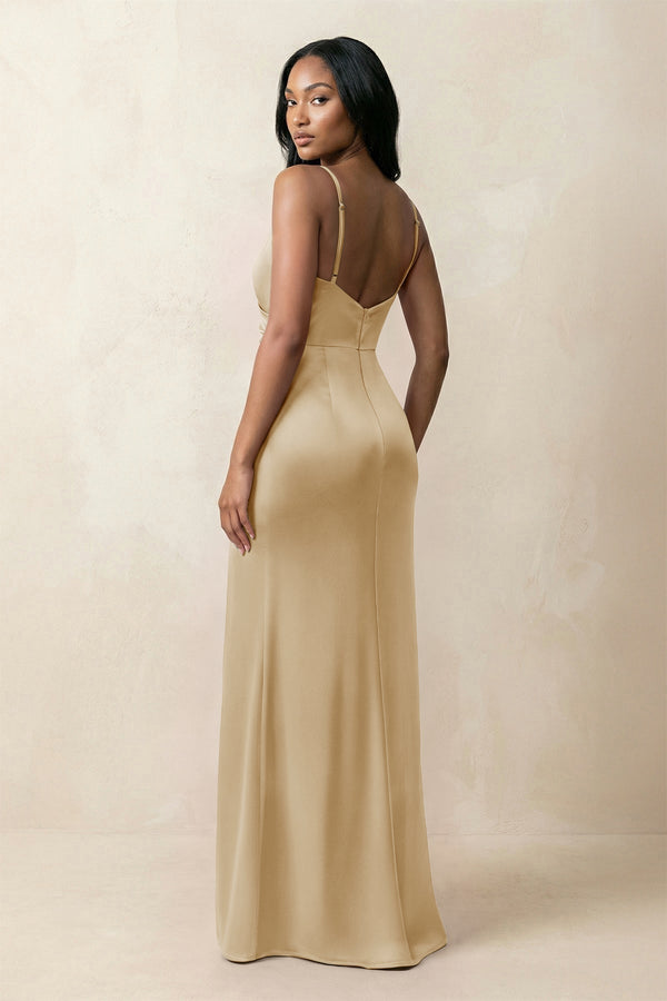 Spaghetti Strap Sheath Satin Ruched Bridesmaid Dress in Champagne - KissProm Bridesmaid Dresses