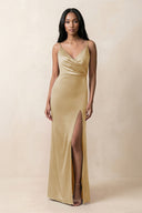 Spaghetti Strap Sheath Satin Ruched Bridesmaid Dress in Champagne - KissProm Bridesmaid Dresses