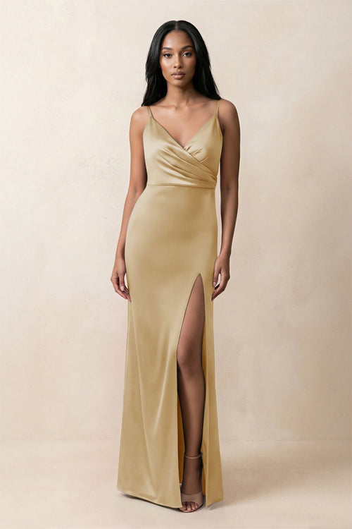 Spaghetti Strap Sheath Satin Ruched Bridesmaid Dress in Champagne - KissProm Bridesmaid Dresses