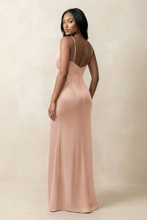 Spaghetti Strap Sheath Satin Ruched Bridesmaid Dress in Champagne Rose - KissProm Bridesmaid Dresses