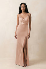 Spaghetti Strap Sheath Satin Ruched Bridesmaid Dress in Champagne Rose - KissProm Bridesmaid Dresses
