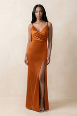 Spaghetti Strap Sheath Satin Ruched Bridesmaid Dress in Cinnamon - KissProm Bridesmaid Dresses