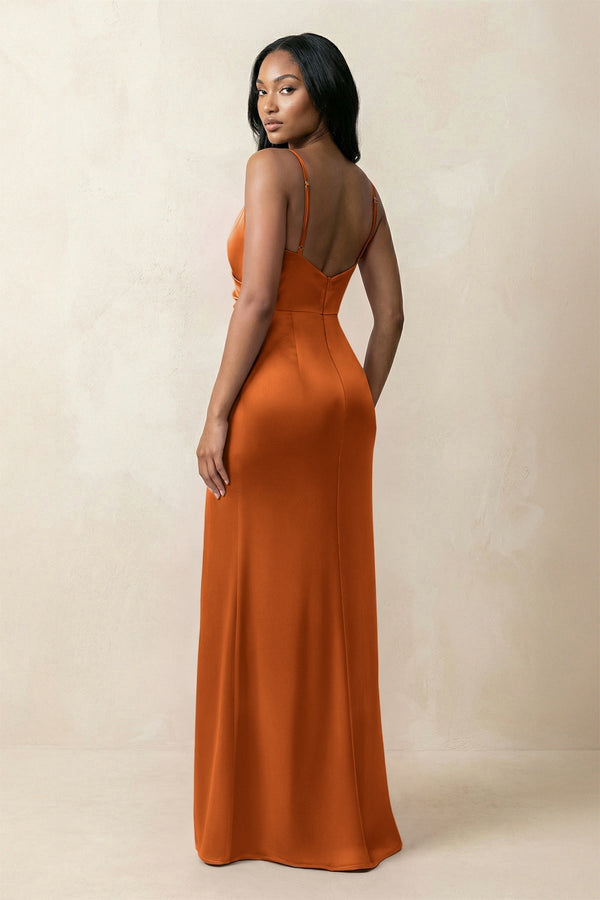 Spaghetti Strap Sheath Satin Ruched Bridesmaid Dress in Cinnamon - KissProm Bridesmaid Dresses